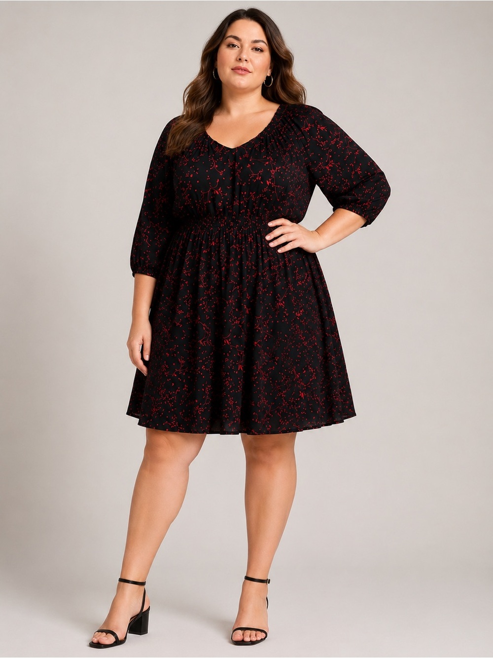 Penningtons Black Red Floral Dress 3/4 sleeves Size 1X Peasant Boho Midi v-neck